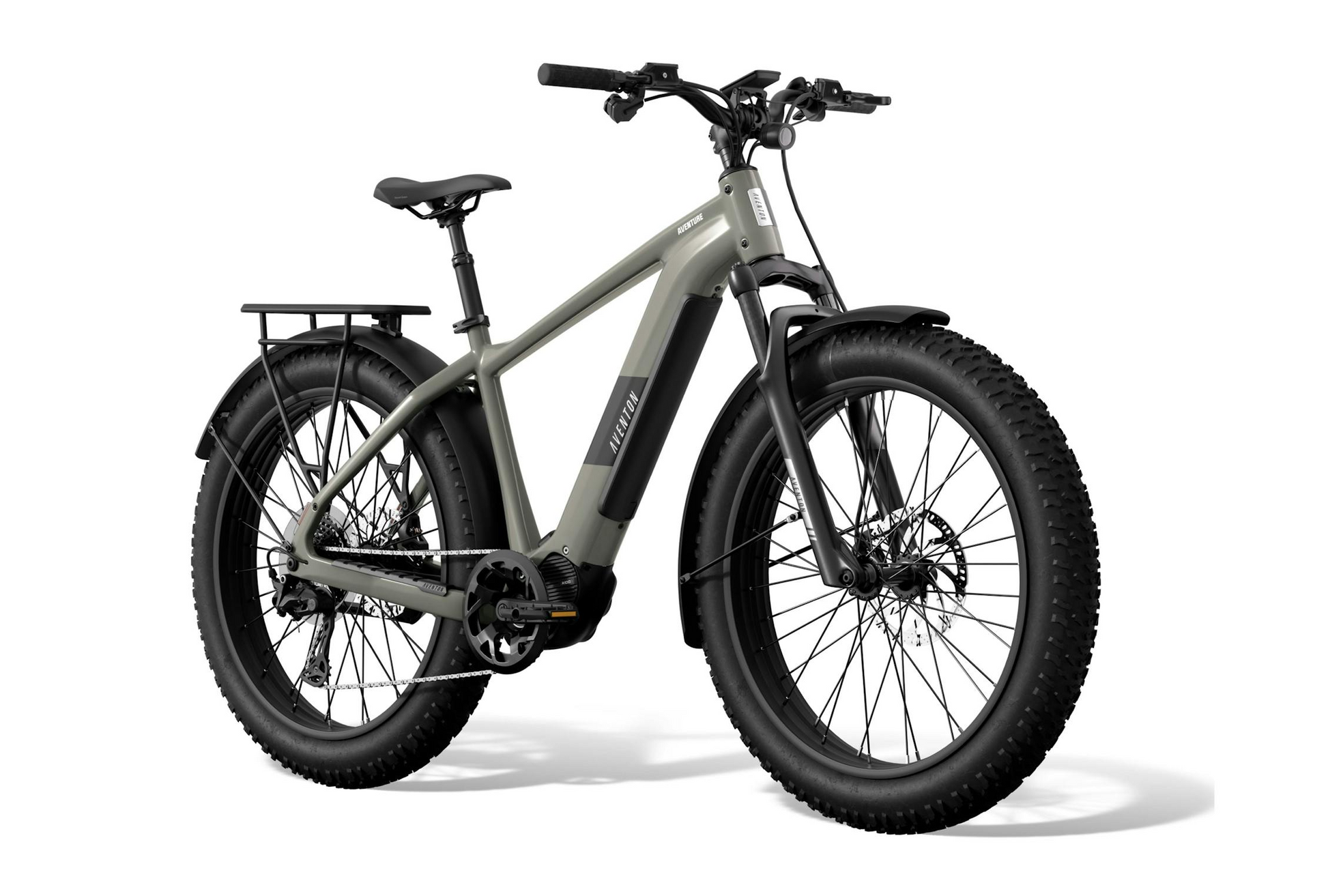 The Aventon - Aventure M by Tampa Bay eBikes features a matte gray frame, mid-drive fat tires, downtube-mounted battery, fenders, and rear cargo rack—offering high-torque performance on display against a white background.