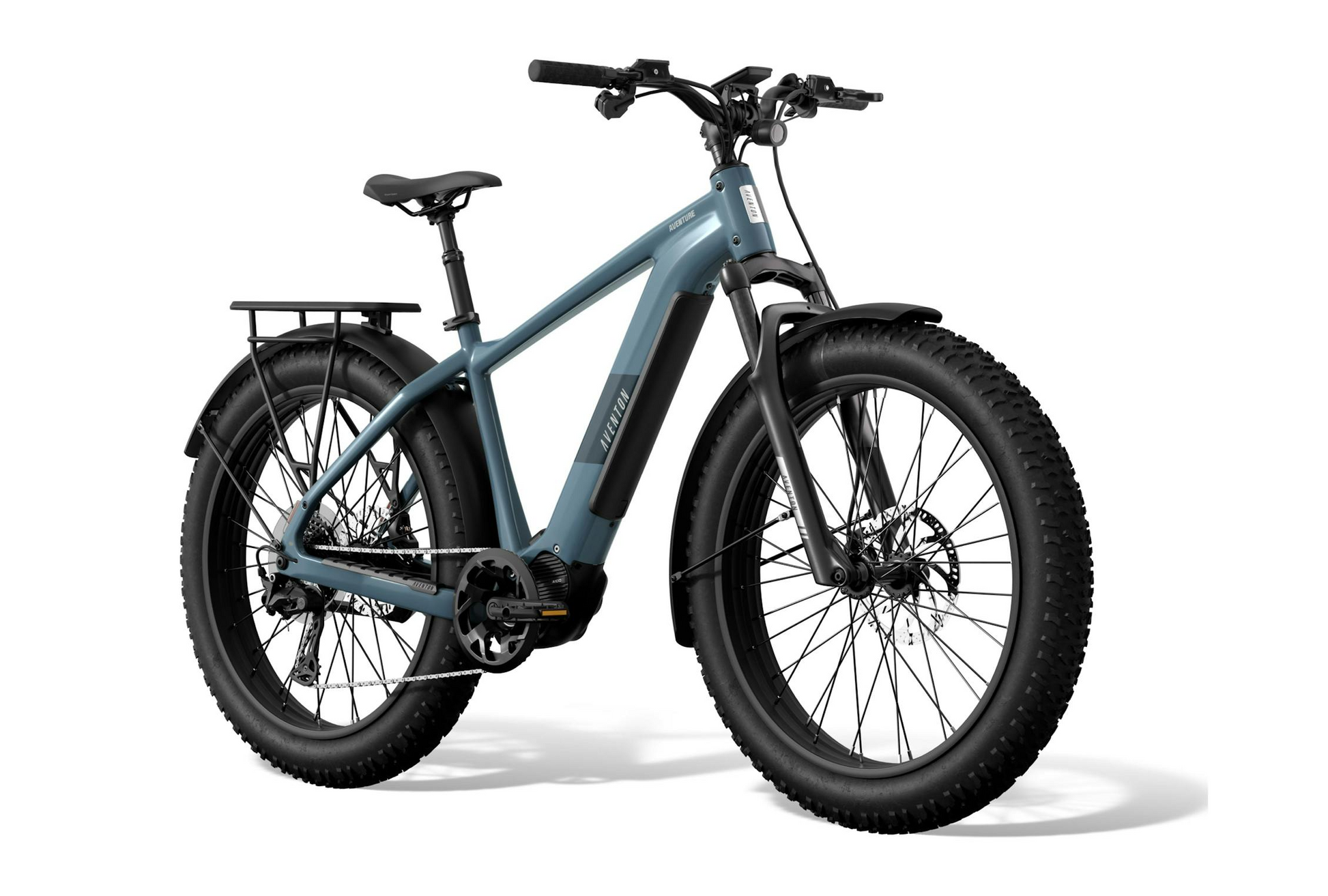 A Tampa Bay eBikes Aventon - Aventure M blue fat tire eBike with mid-drive motor, high-torque performance, rear rack, disc brakes, and front suspension fork is shown on a white background.