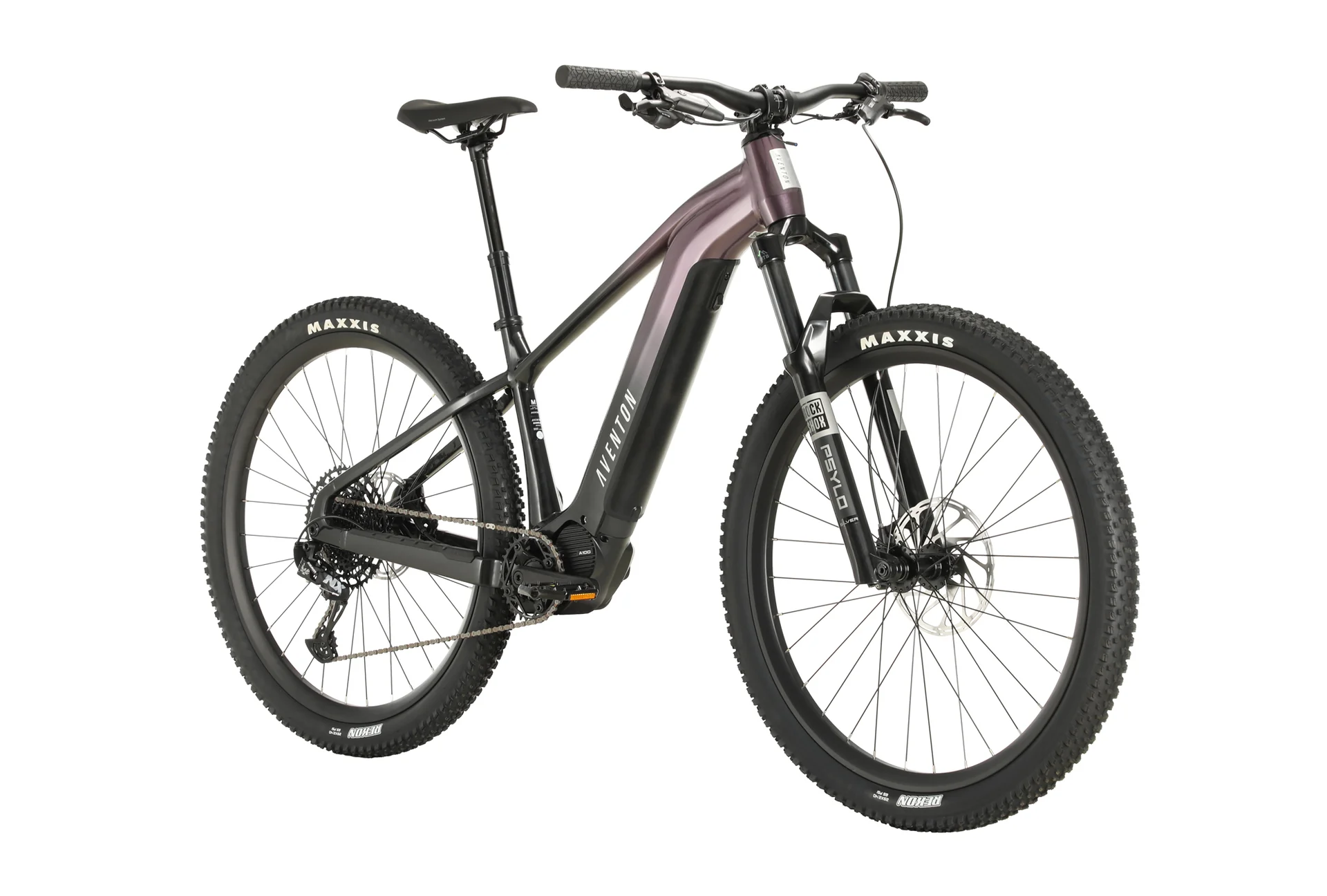 Aventon - Ramblas eMTB electric mountain bike with a sleek gray and pink frame, large off-road tires, and visible battery pack, isolated on a white background.