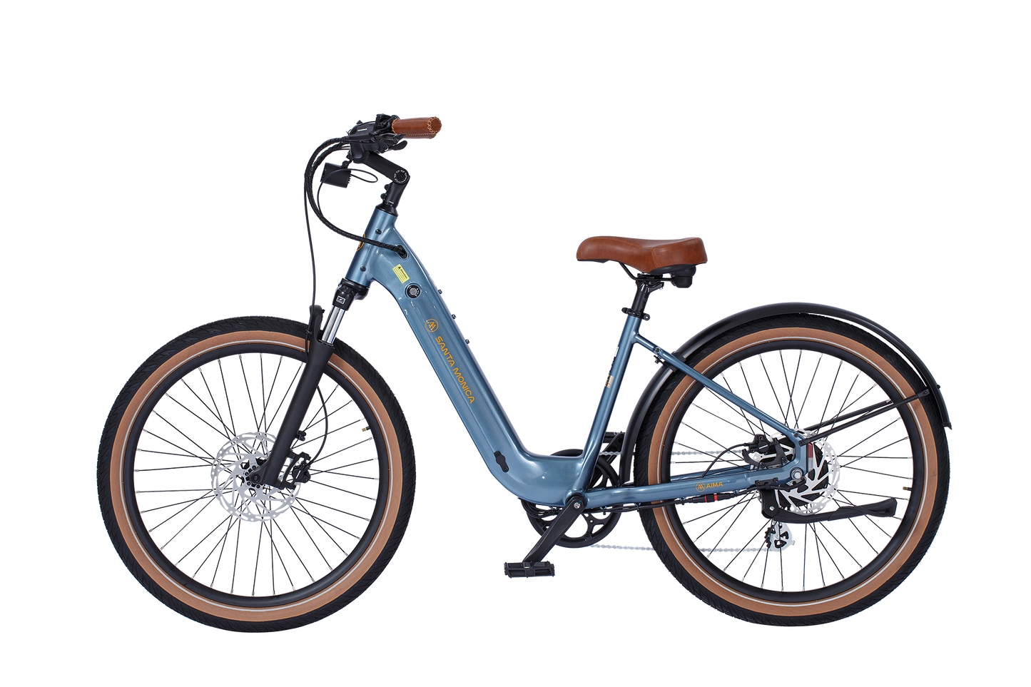 A blue electric bicycle with a step-through frame, brown saddle, and matching brown handlebar grips. Perfect for urban commuting, this AIMA - Santa Monica is equipped with front and rear lights, disc brakes, and thick, brown-tired wheels.