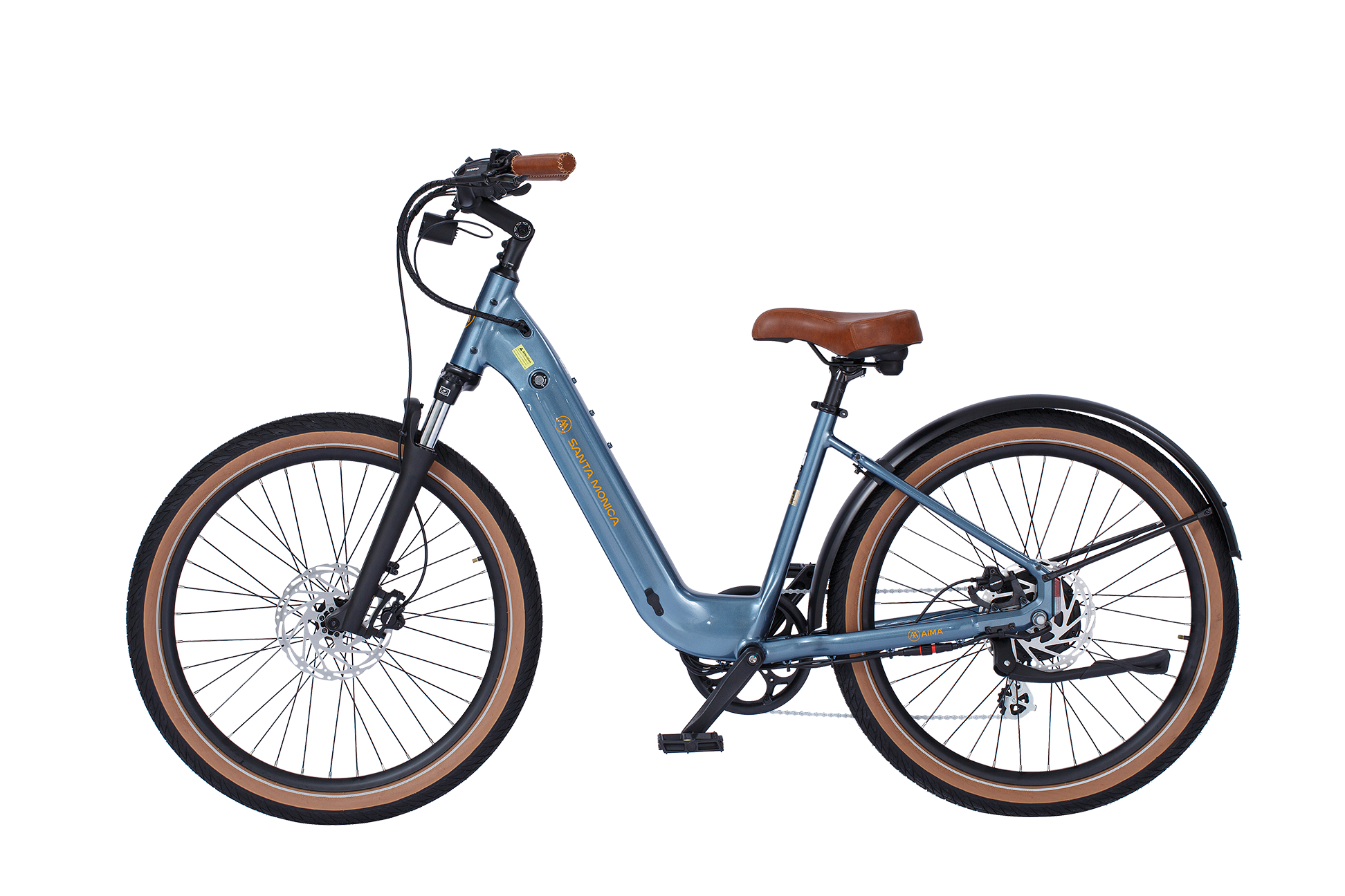 A blue electric bicycle with a step-through frame, brown saddle, and matching brown handlebar grips. Perfect for urban commuting, this AIMA - Santa Monica is equipped with front and rear lights, disc brakes, and thick, brown-tired wheels.