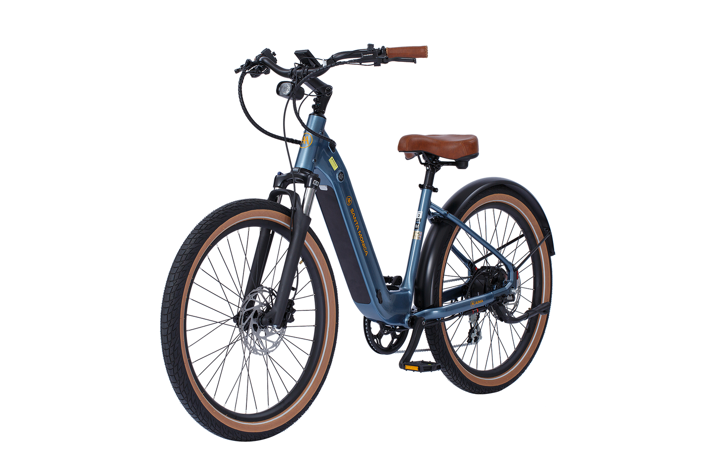 A blue electric bicycle, perfect for urban commuting, with brown handlebars, seat, and tires. It features a low step-through frame and black fenders. Ideal for cruising through city streets or enjoying the scenic routes of AIMA - Santa Monica by AIMA.