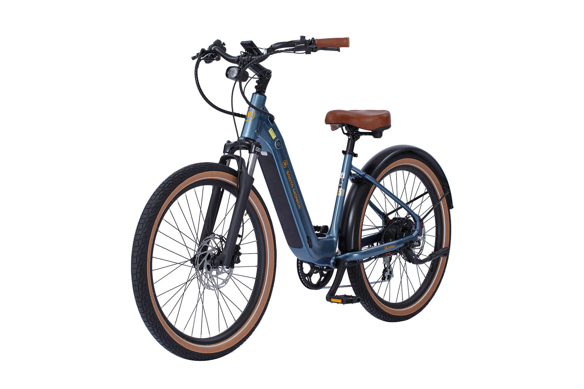 A blue electric bicycle, perfect for urban commuting, with brown handlebars, seat, and tires. It features a low step-through frame and black fenders. Ideal for cruising through city streets or enjoying the scenic routes of AIMA - Santa Monica by AIMA.