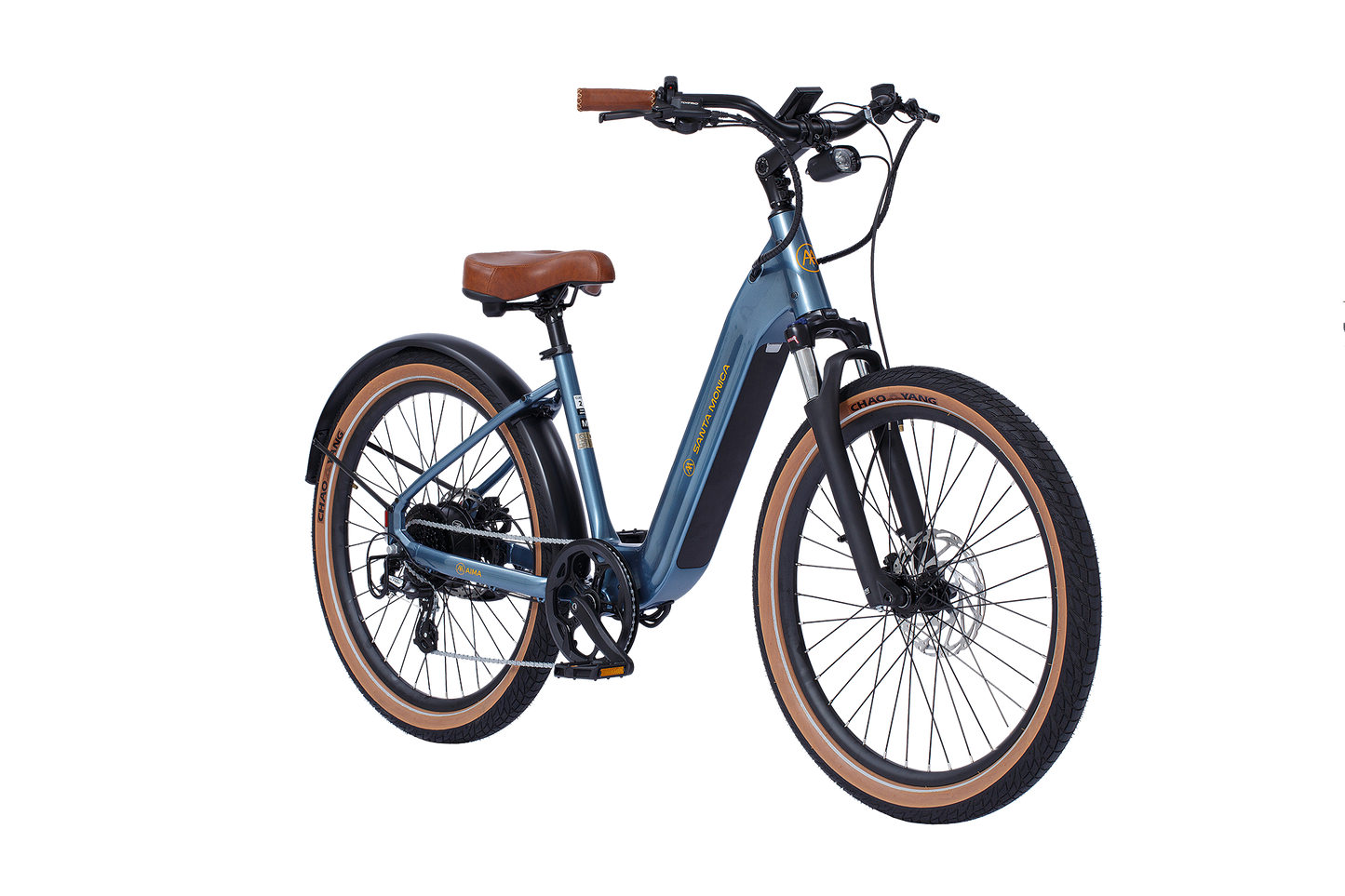 A blue electric bike with brown seat and handles, featuring front and rear lights, a digital display, and wide tires – perfect for urban commuting. The AIMA - Santa Monica from AIMA is an excellent choice for your daily rides.