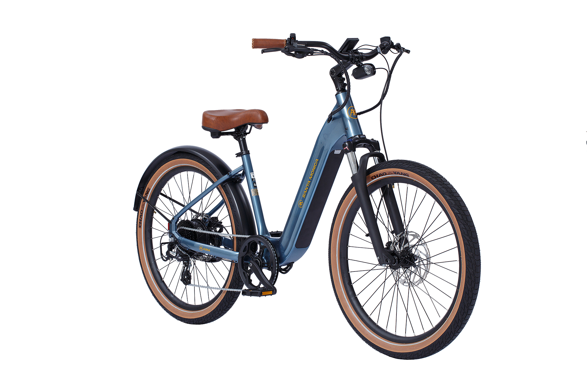 A blue electric bike with brown seat and handles, featuring front and rear lights, a digital display, and wide tires – perfect for urban commuting. The AIMA - Santa Monica from AIMA is an excellent choice for your daily rides.