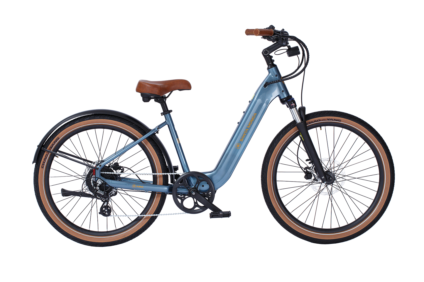 Meet the AIMA - Santa Monica: a blue electric bicycle with a powerful 750W Bafang Motor, complemented by a brown saddle and handlebar grips. It boasts disc brakes, a step-through frame, and fat tires for added stability.