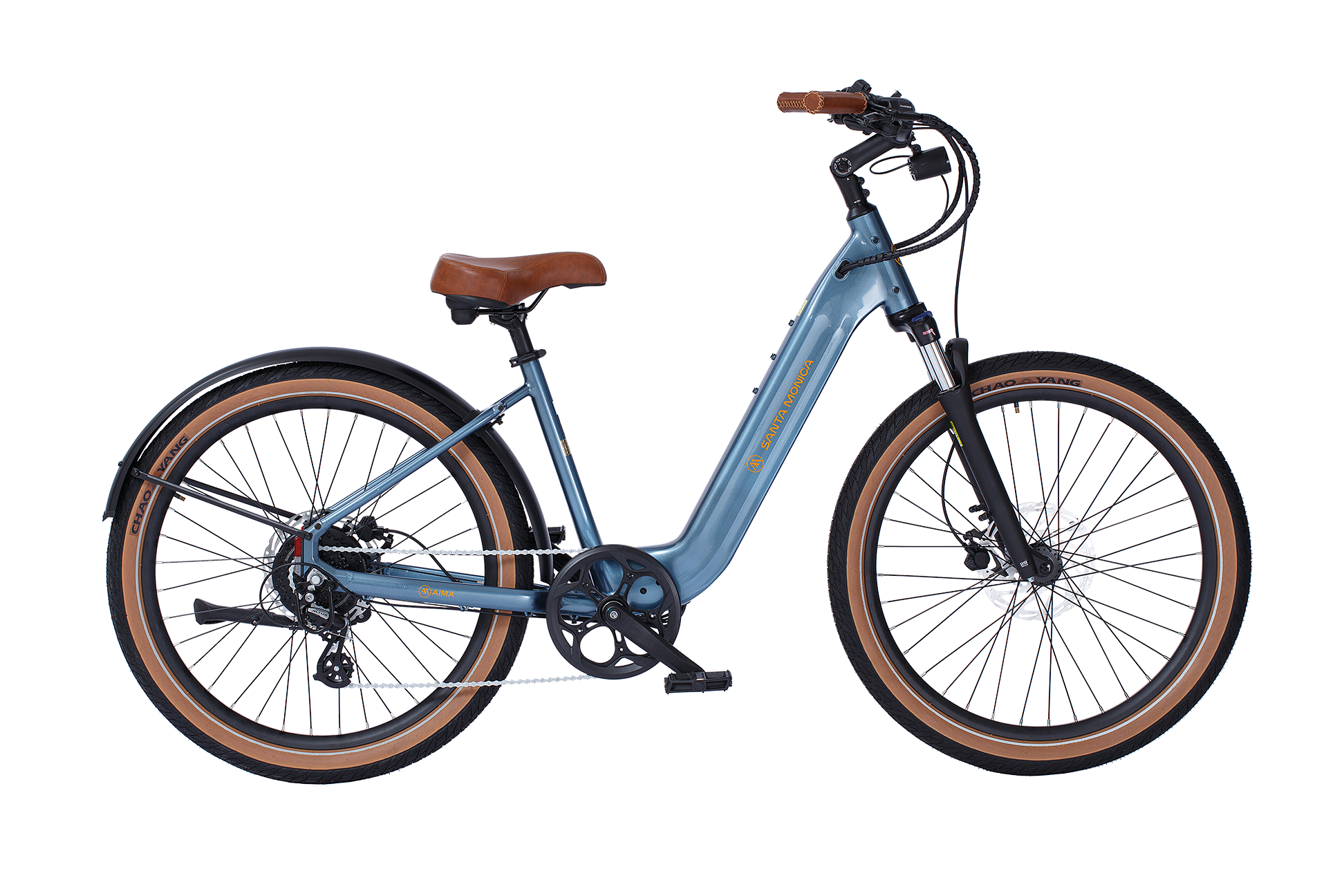 Meet the AIMA - Santa Monica: a blue electric bicycle with a powerful 750W Bafang Motor, complemented by a brown saddle and handlebar grips. It boasts disc brakes, a step-through frame, and fat tires for added stability.