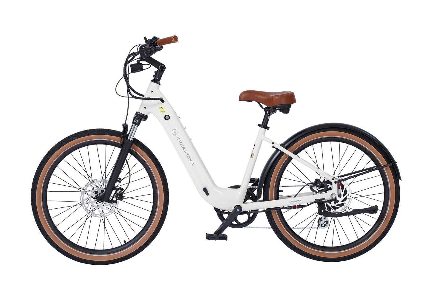 The AIMA - Santa Monica is perfect for urban commuting, featuring a step-through frame, a 750W Bafang Motor, and stylish design with a white body, brown saddle and handle grips, black tire rims, and a rear hub motor.