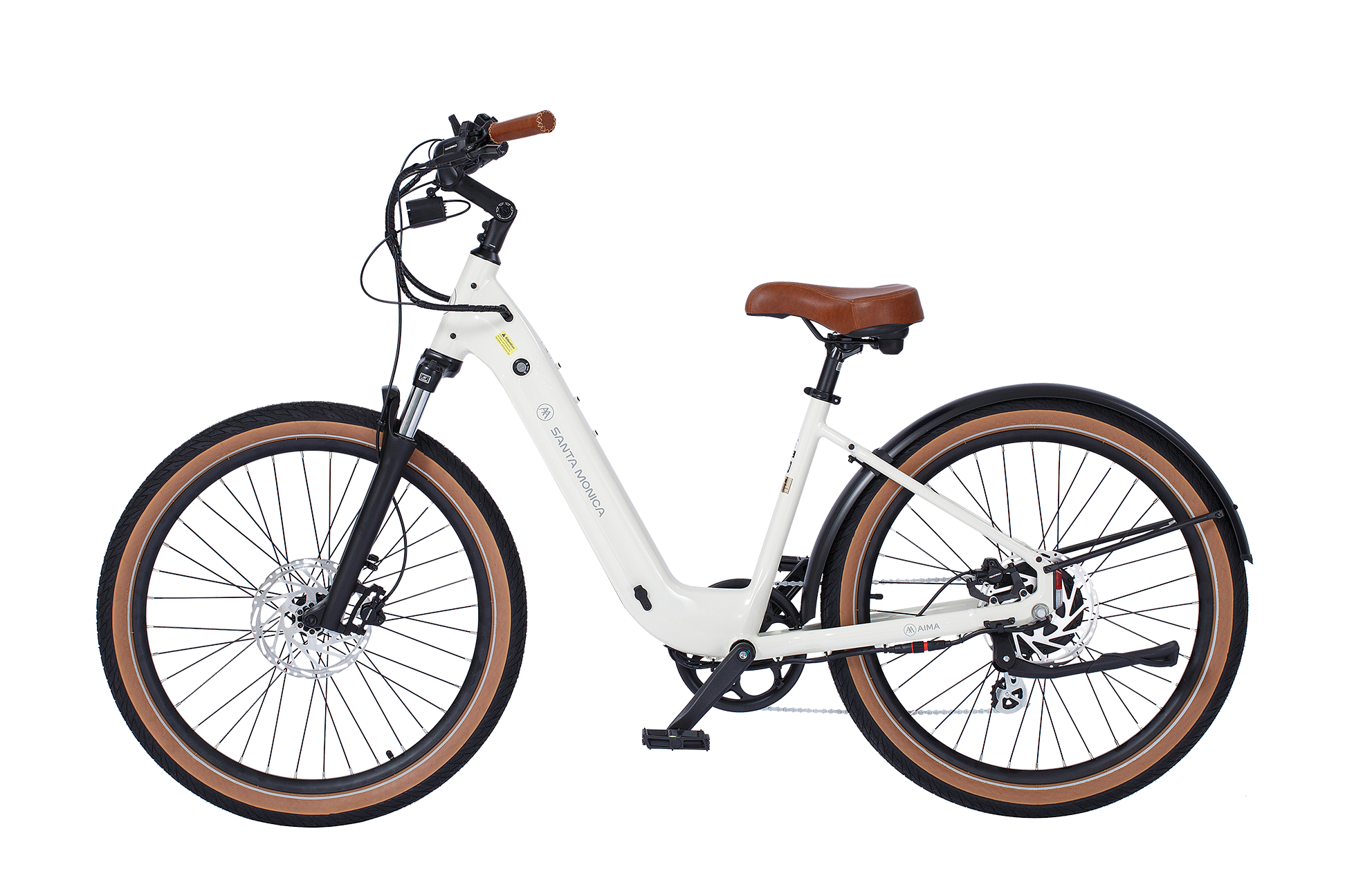 The AIMA - Santa Monica is perfect for urban commuting, featuring a step-through frame, a 750W Bafang Motor, and stylish design with a white body, brown saddle and handle grips, black tire rims, and a rear hub motor.