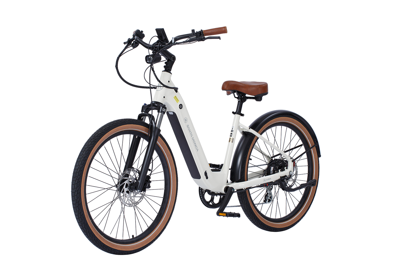 The AIMA - Santa Monica eBike, designed for urban commuting, is a white electric bicycle with a brown seat and handle grips. It features large tires, a 750W Bafang Motor, a black battery on the frame, and front disc brakes for optimal performance.