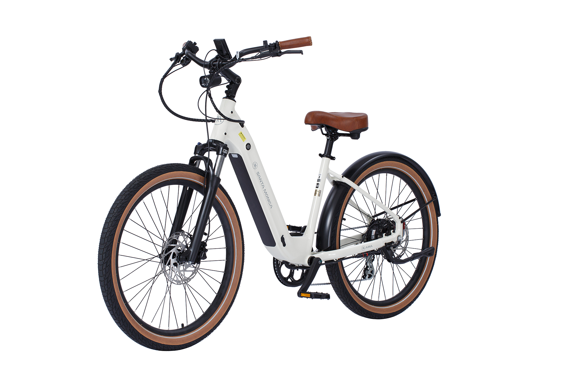 The AIMA - Santa Monica eBike, designed for urban commuting, is a white electric bicycle with a brown seat and handle grips. It features large tires, a 750W Bafang Motor, a black battery on the frame, and front disc brakes for optimal performance.