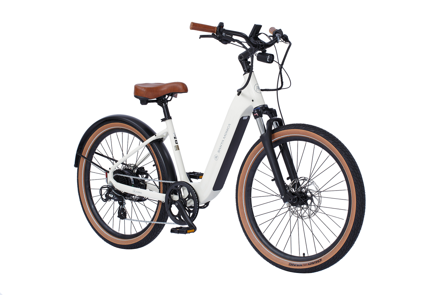 The AIMA - Santa Monica boasts a sleek white frame, brown leather saddle and handle grips. Perfect for urban commuting, it features a front suspension fork, disc brakes, and wide tires for comfortable rides. Powered by a robust 750W Bafang Motor, this bicycle combines style with performance effortlessly.