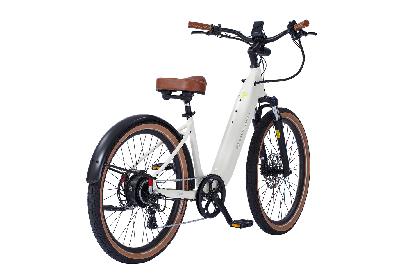 A white AIMA - Santa Monica with a 750W Bafang Motor boasts a brown leather saddle and handle grips, disc brakes, and a rear mudguard. Shown from a rear three-quarter perspective, this bike is perfect for urban commuting.