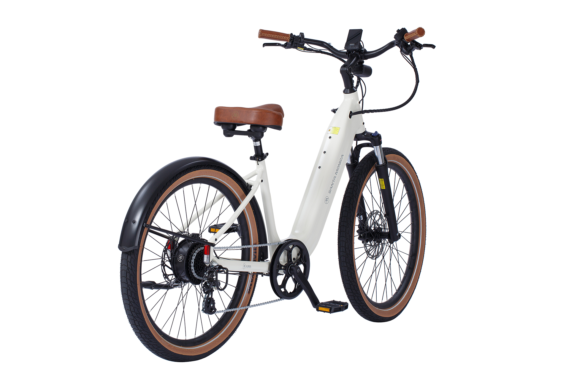 A white AIMA - Santa Monica with a 750W Bafang Motor boasts a brown leather saddle and handle grips, disc brakes, and a rear mudguard. Shown from a rear three-quarter perspective, this bike is perfect for urban commuting.