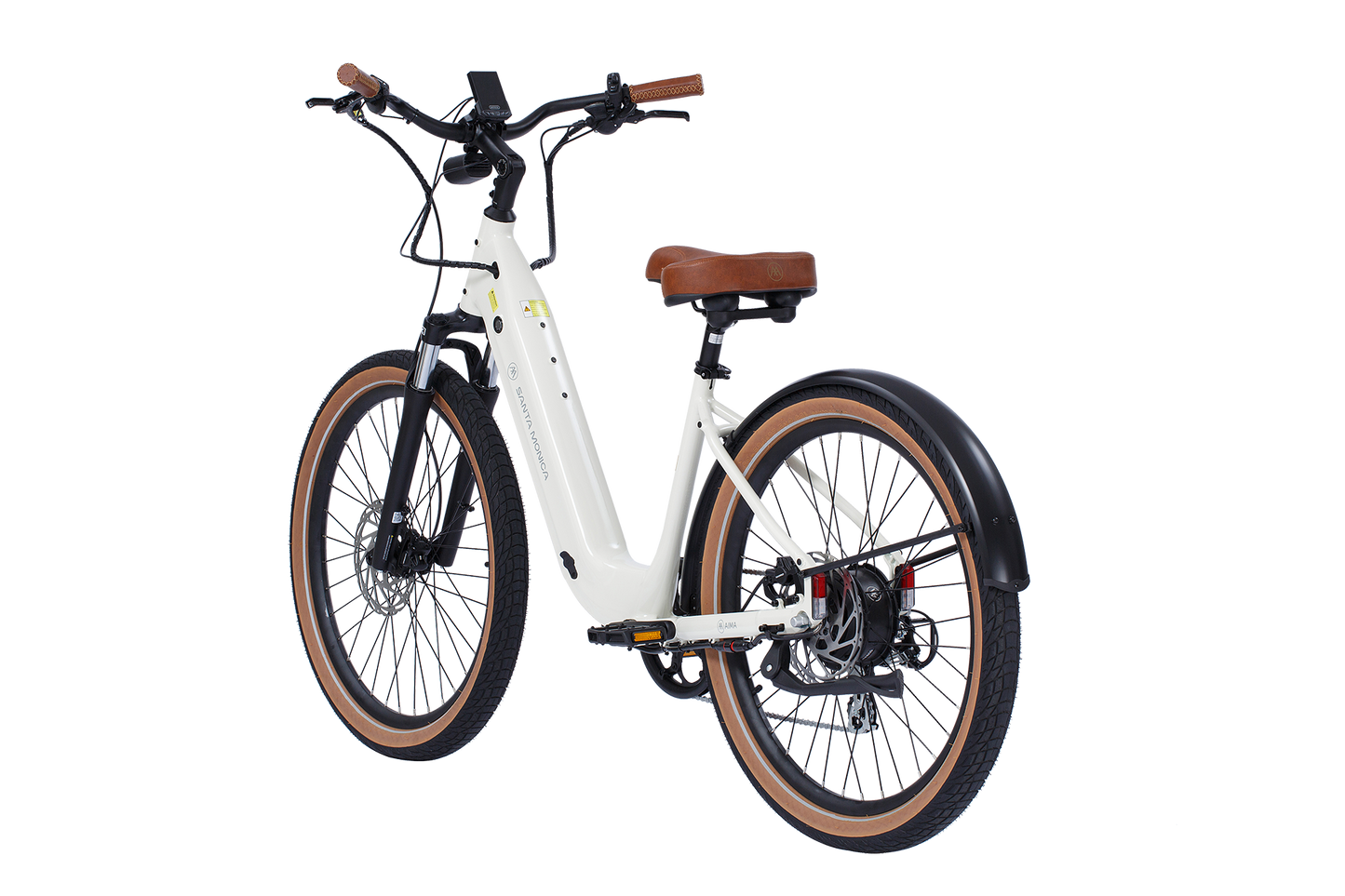 An AIMA - Santa Monica white electric bicycle with a brown seat and handle grips, featuring wide tires and black fenders, ideal for urban commuting.