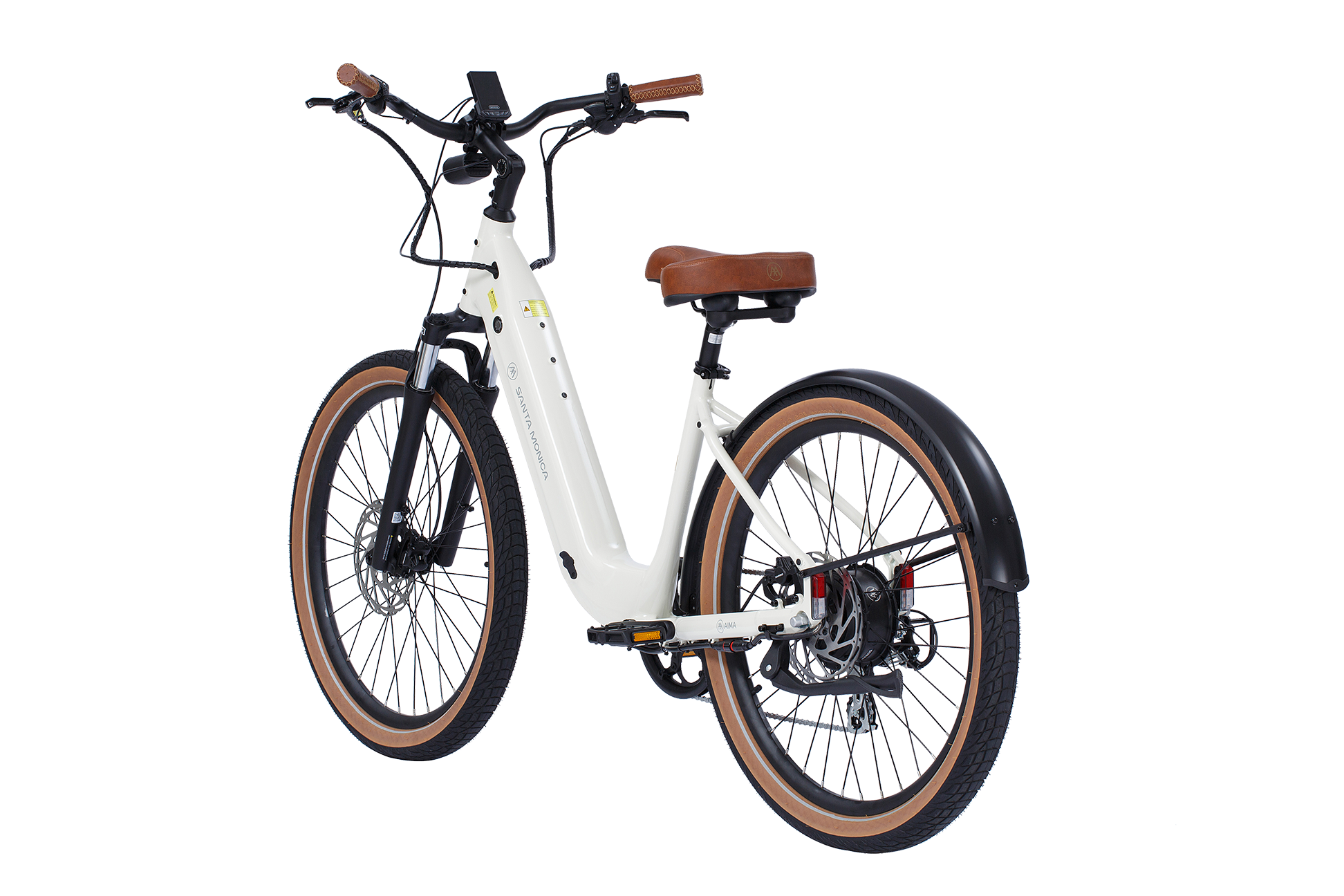 An AIMA - Santa Monica white electric bicycle with a brown seat and handle grips, featuring wide tires and black fenders, ideal for urban commuting.