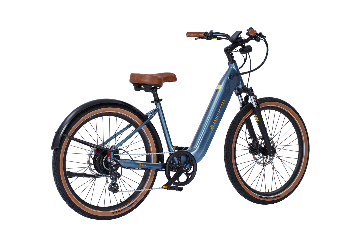 A blue AIMA - Santa Monica with a brown saddle and handle grips, featuring front suspension, disc brakes, and a step-through frame, perfect for urban commuting.