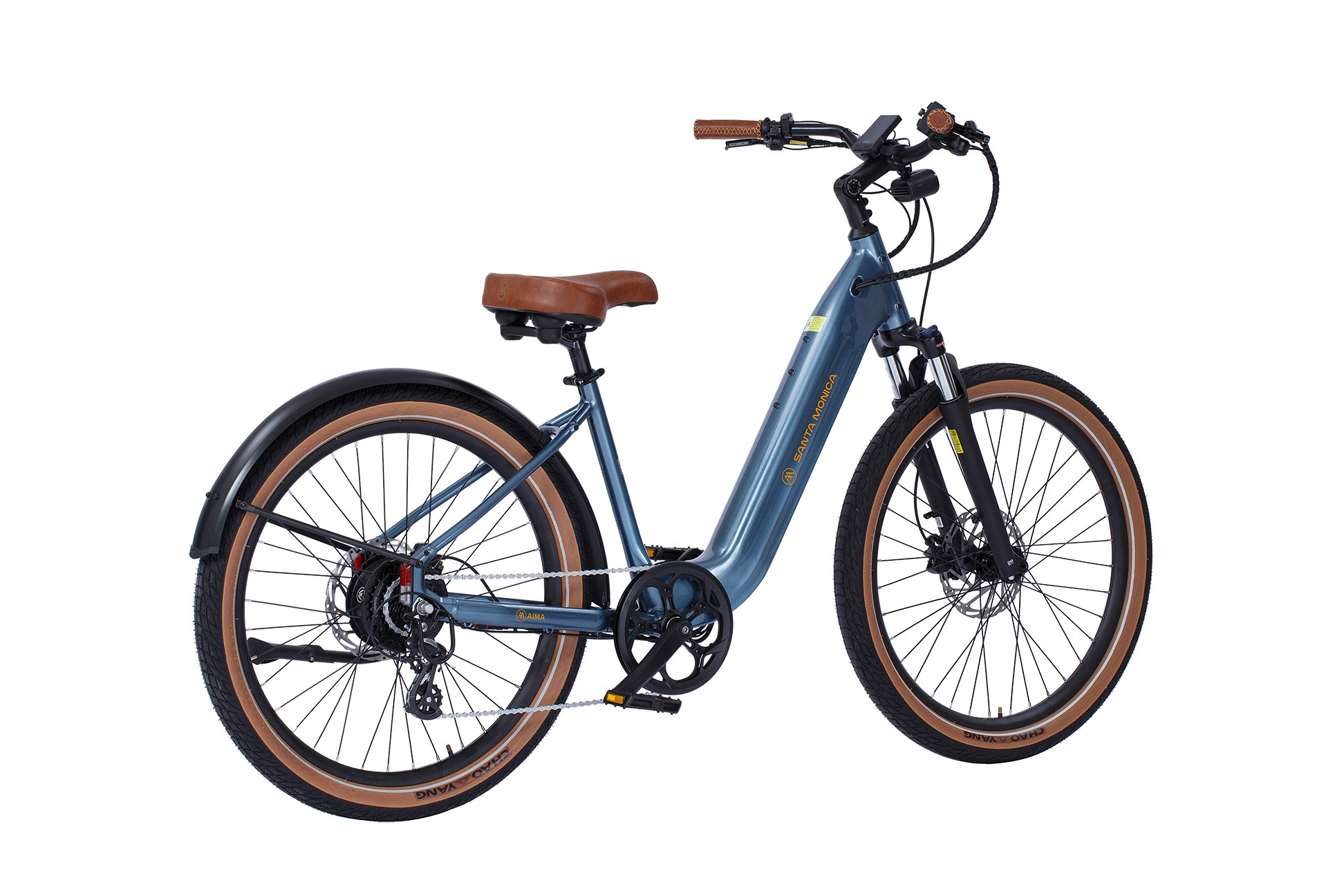 A blue AIMA - Santa Monica with a brown saddle and handle grips, featuring front suspension, disc brakes, and a step-through frame, perfect for urban commuting.