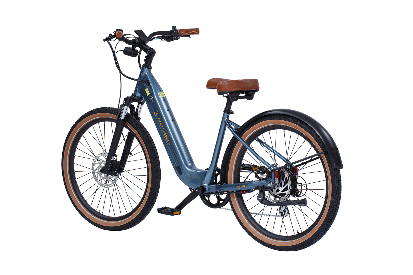 An AIMA - Santa Monica blue electric bicycle from AIMA with a step-through frame, brown saddle, tan tires, black fenders, and a display on the handlebars. Ideal for urban commuting.