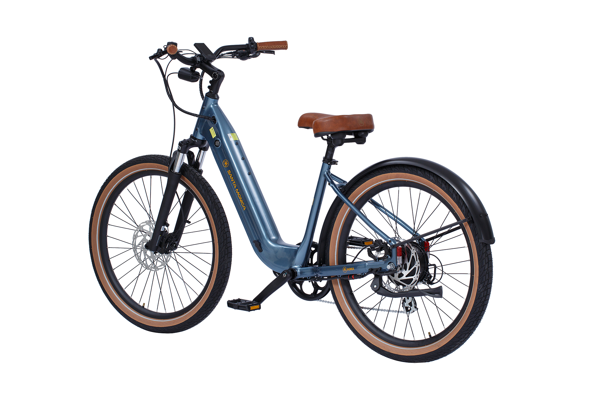 An AIMA - Santa Monica blue electric bicycle from AIMA with a step-through frame, brown saddle, tan tires, black fenders, and a display on the handlebars. Ideal for urban commuting.