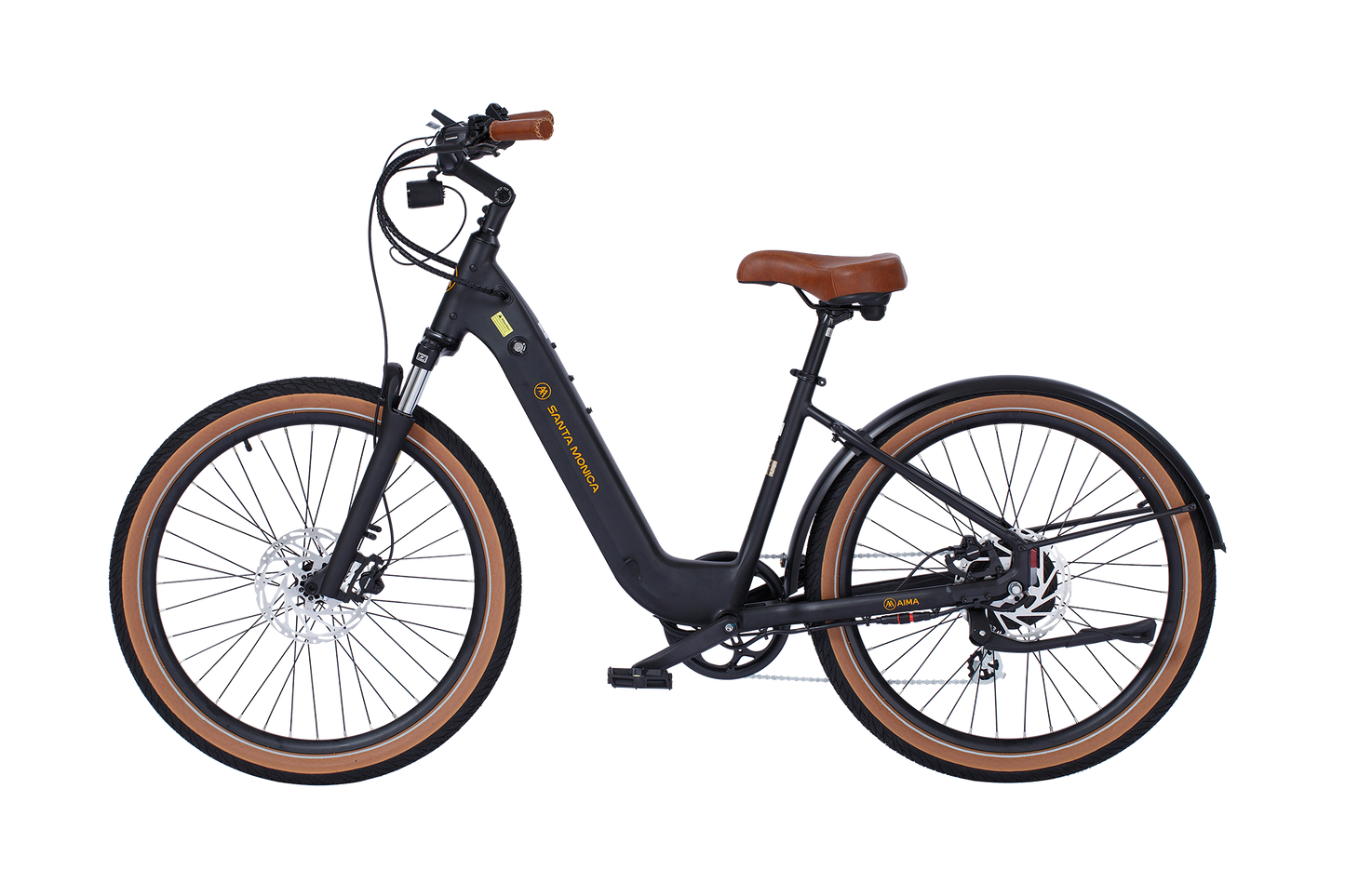 An AIMA - Santa Monica eBike with a sleek black design, brown seat and handles, is shown against a white background. It features thick tires, a step-through frame, and is powered by a robust 750W Bafang Motor—perfect for urban commuting.