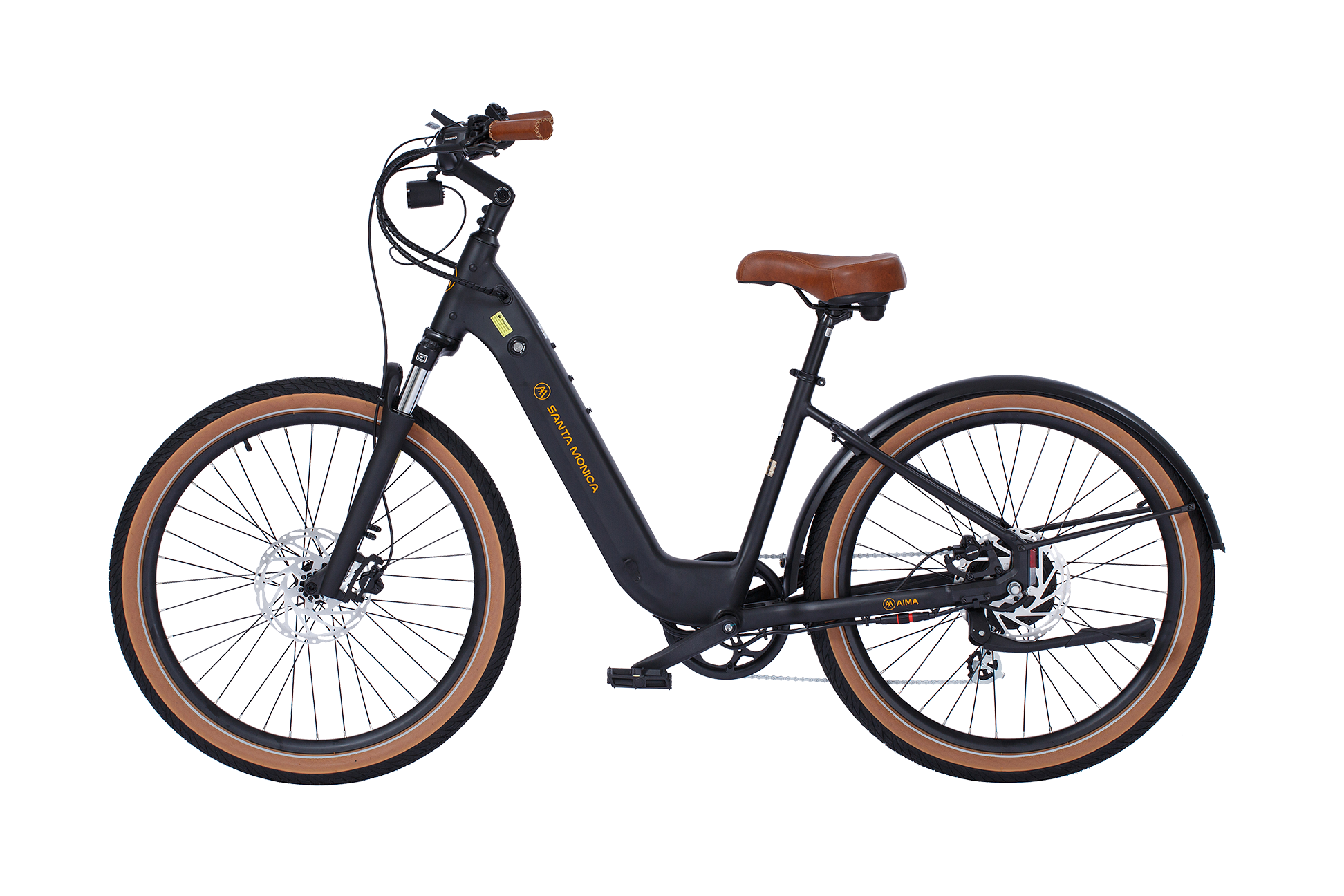 An AIMA - Santa Monica eBike with a sleek black design, brown seat and handles, is shown against a white background. It features thick tires, a step-through frame, and is powered by a robust 750W Bafang Motor—perfect for urban commuting.