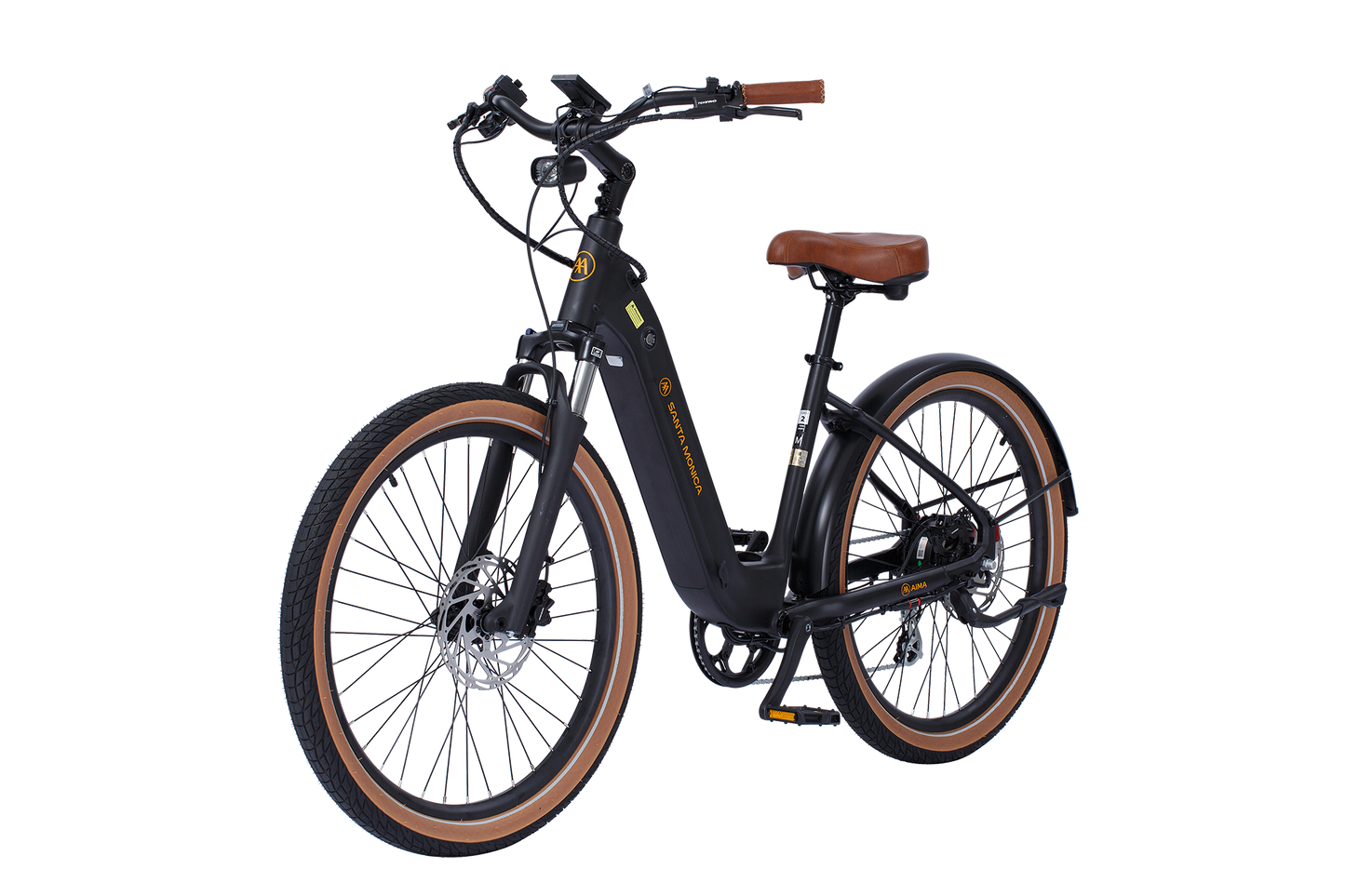 Introducing the AIMA - Santa Monica: a sleek black electric bicycle with a 750W Bafang Motor, brown seat, and handlebar grips. Sporting large tires and a step-through frame design, it's perfect for urban commuting.