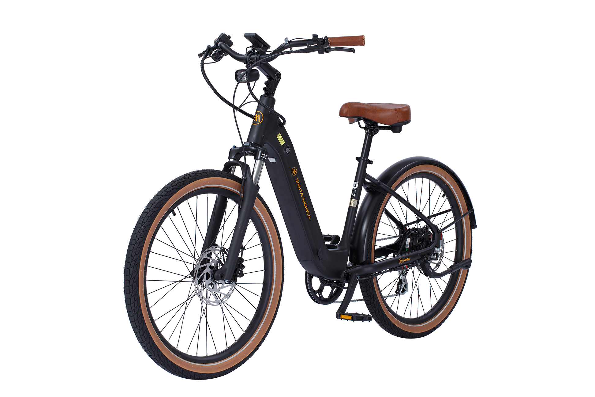 Introducing the AIMA - Santa Monica: a sleek black electric bicycle with a 750W Bafang Motor, brown seat, and handlebar grips. Sporting large tires and a step-through frame design, it's perfect for urban commuting.