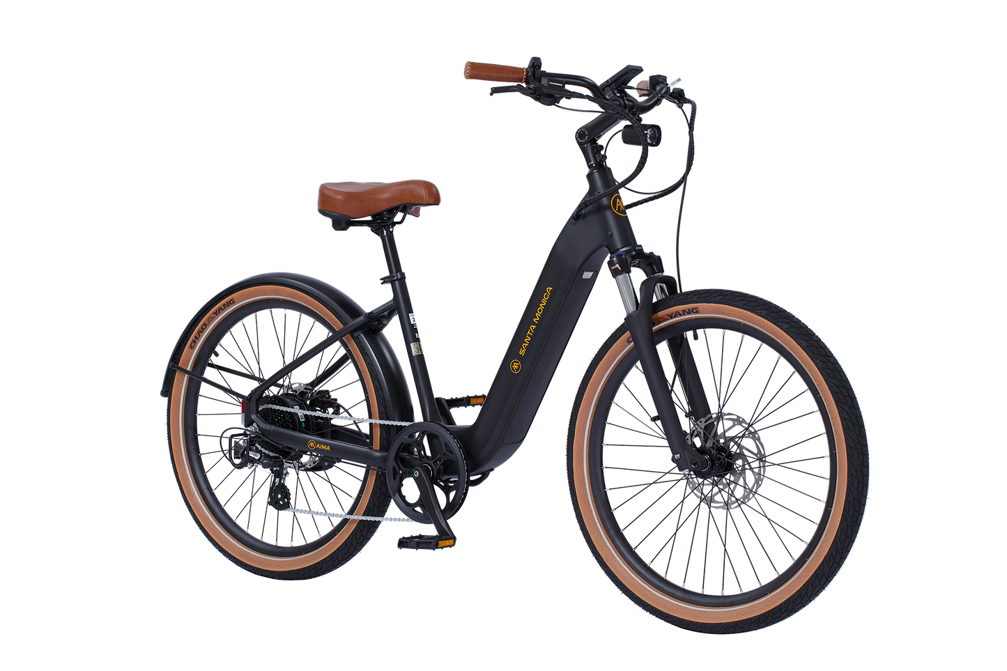 A black AIMA - Santa Monica eBike with a powerful 750W Bafang Motor, brown saddle and handlebar grips, featuring a step-through frame and tan wall tires. The bike is equipped with disc brakes, mounted on a kickstand, and powered by a long-lasting 47V 15Ah LG Battery.