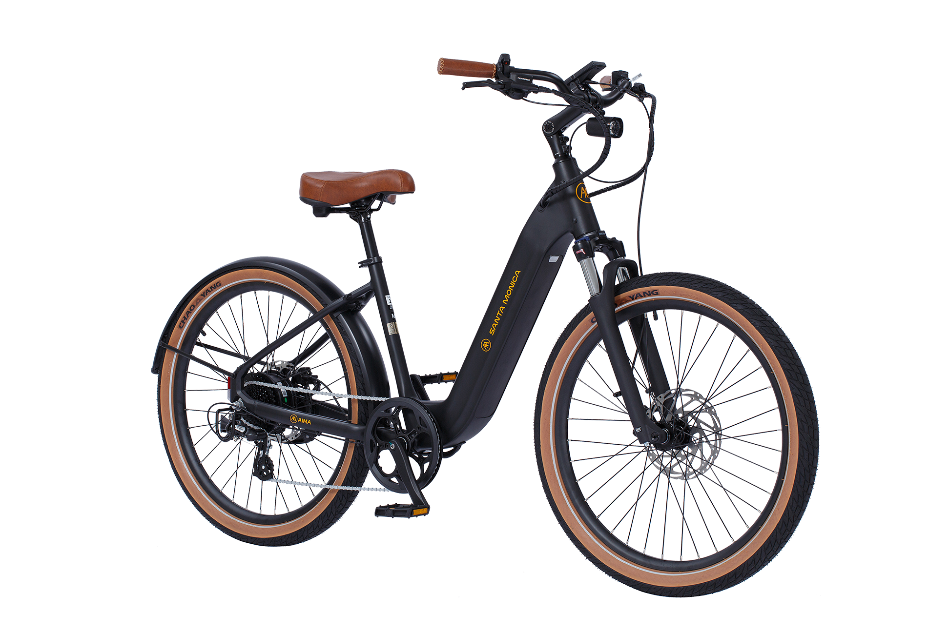 A black AIMA - Santa Monica eBike with a powerful 750W Bafang Motor, brown saddle and handlebar grips, featuring a step-through frame and tan wall tires. The bike is equipped with disc brakes, mounted on a kickstand, and powered by a long-lasting 47V 15Ah LG Battery.