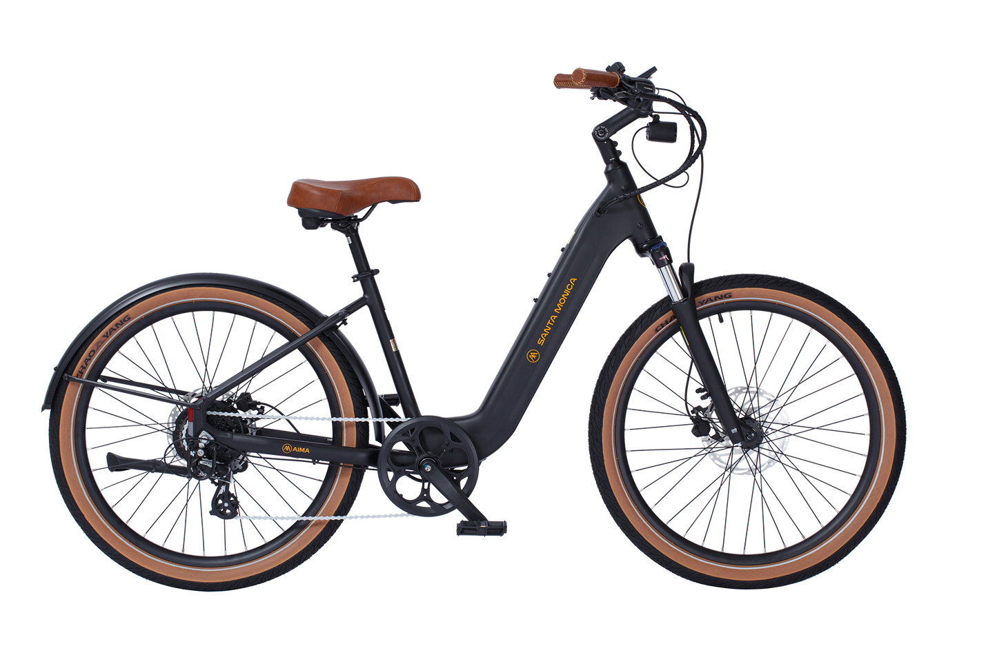 Introducing the AIMA - Santa Monica eBike: a sleek black electric bicycle designed for urban commuting, featuring a robust 750W Bafang Motor, a comfortable brown seat and handlebar grips, thick tires for stability, front and rear disc brakes, and an easy-access step-through frame.