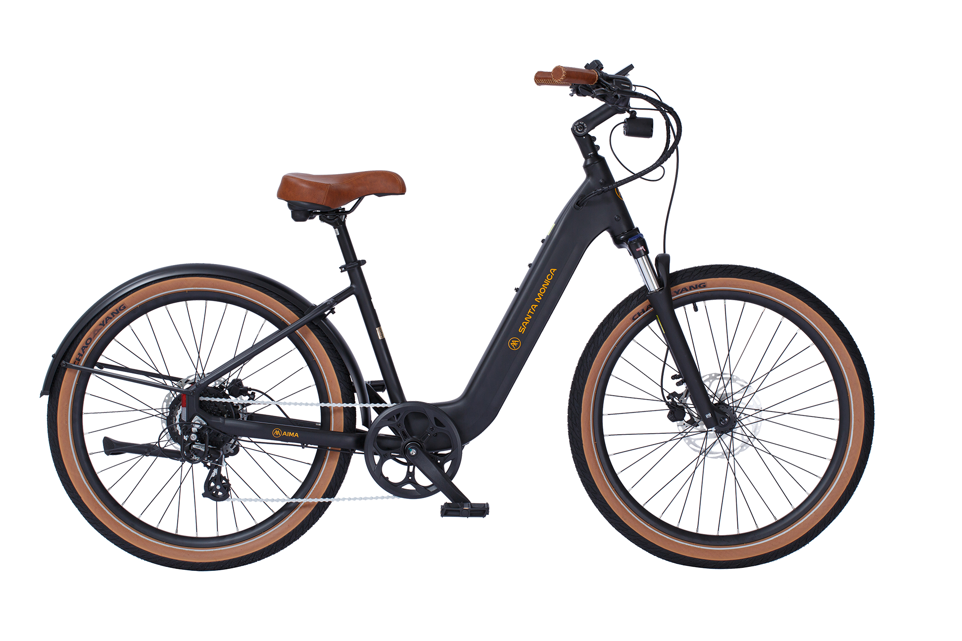 Introducing the AIMA - Santa Monica eBike: a sleek black electric bicycle designed for urban commuting, featuring a robust 750W Bafang Motor, a comfortable brown seat and handlebar grips, thick tires for stability, front and rear disc brakes, and an easy-access step-through frame.