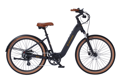 Introducing the AIMA - Santa Monica eBike: a sleek black electric bicycle designed for urban commuting, featuring a robust 750W Bafang Motor, a comfortable brown seat and handlebar grips, thick tires for stability, front and rear disc brakes, and an easy-access step-through frame.