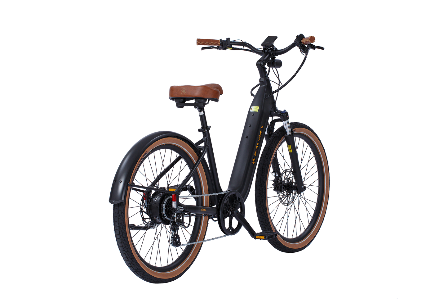 A black AIMA - Santa Monica with a 750W Bafang Motor, featuring a brown seat and handle grips, fenders, disc brakes, and wide tires, viewed from a rear three-quarter angle—perfect for urban commuting.