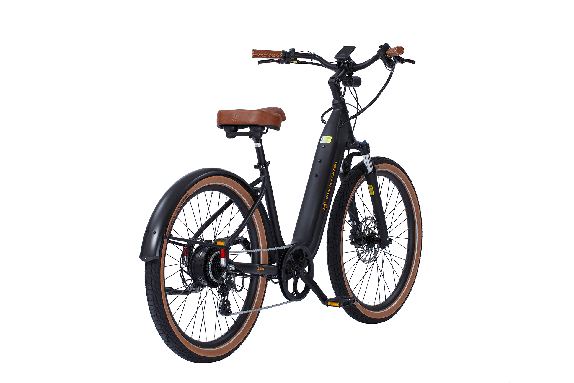 A black AIMA - Santa Monica with a 750W Bafang Motor, featuring a brown seat and handle grips, fenders, disc brakes, and wide tires, viewed from a rear three-quarter angle—perfect for urban commuting.