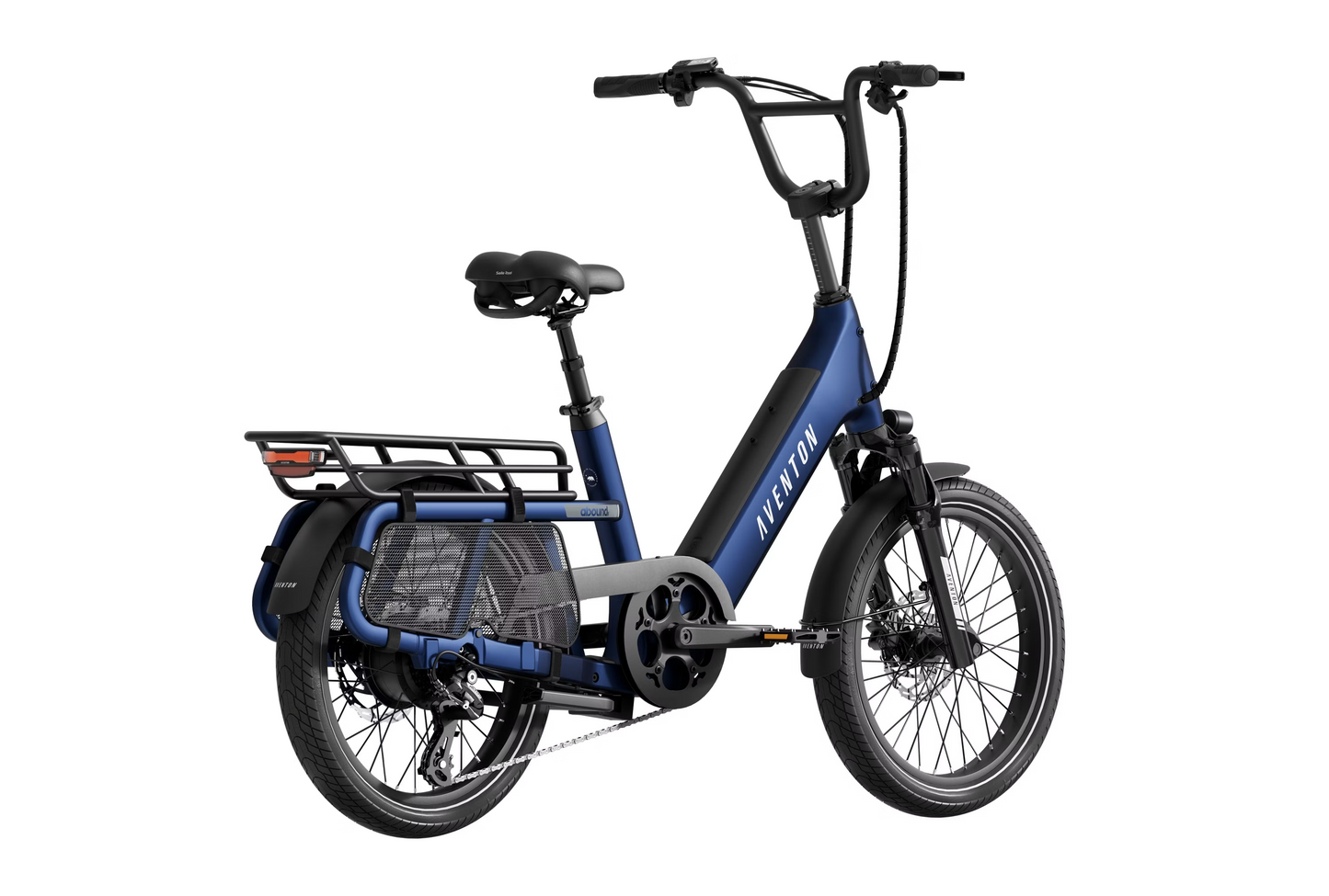 A blue Aventon - Abound SR electric cargo ebike, featuring a rear rack, thick tires, and advanced security features, is positioned against a plain white background.