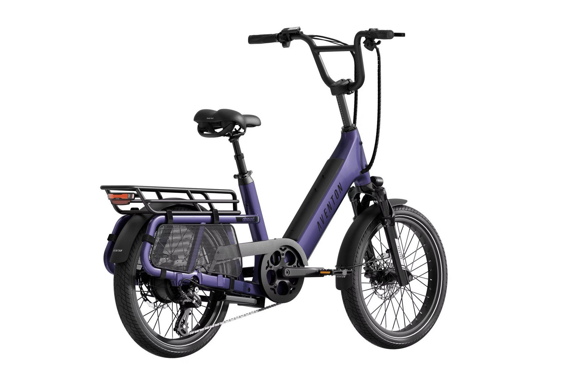 The Aventon - Abound SR, a purple electric cargo ebike by Aventon, features a step-through frame, rear cargo rack, and curved handlebars on a white background. It includes GPS tracking for enhanced security.