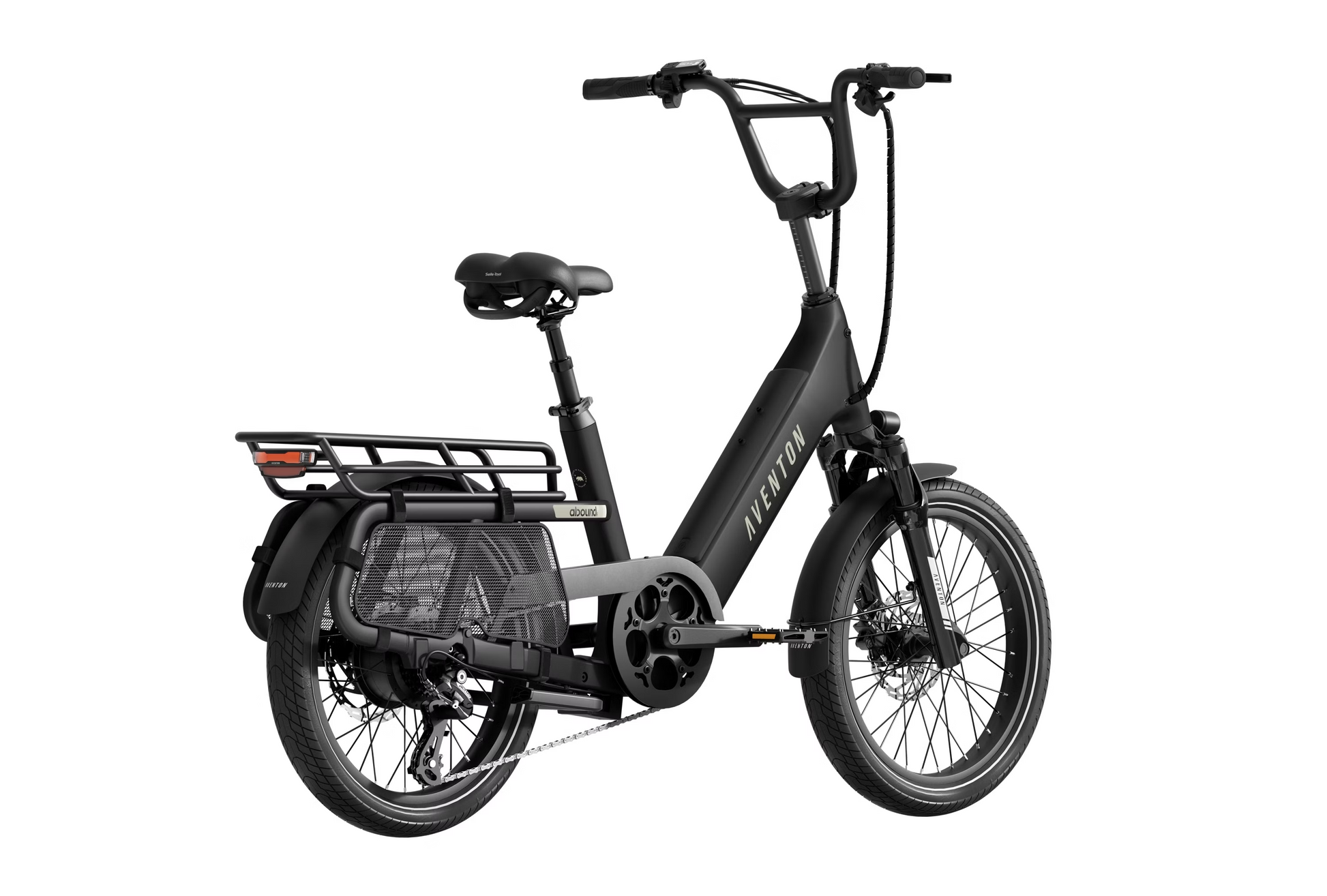 Introducing the Aventon - Abound SR, a stylish black cargo e-bike by Aventon. It features a convenient step-through frame, a versatile rear cargo rack, and reliable disc brakes. Designed with advanced security features perfect for urban commuting, it guarantees peace of mind on every journey.