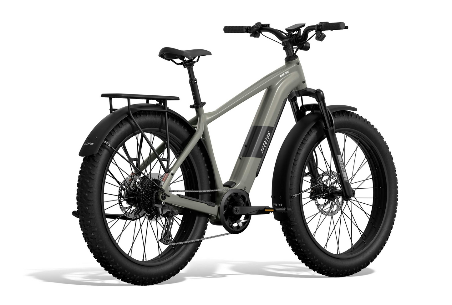 The Aventon - Aventure M by Tampa Bay eBikes is a gray mid-drive fat tire eBike with high-torque performance, rear rack, front suspension fork, and thick treaded tires, displayed on a white background.