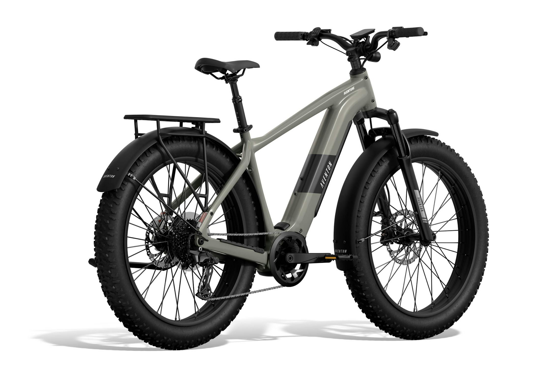The Aventon - Aventure M by Tampa Bay eBikes is a gray mid-drive fat tire eBike with high-torque performance, rear rack, front suspension fork, and thick treaded tires, displayed on a white background.