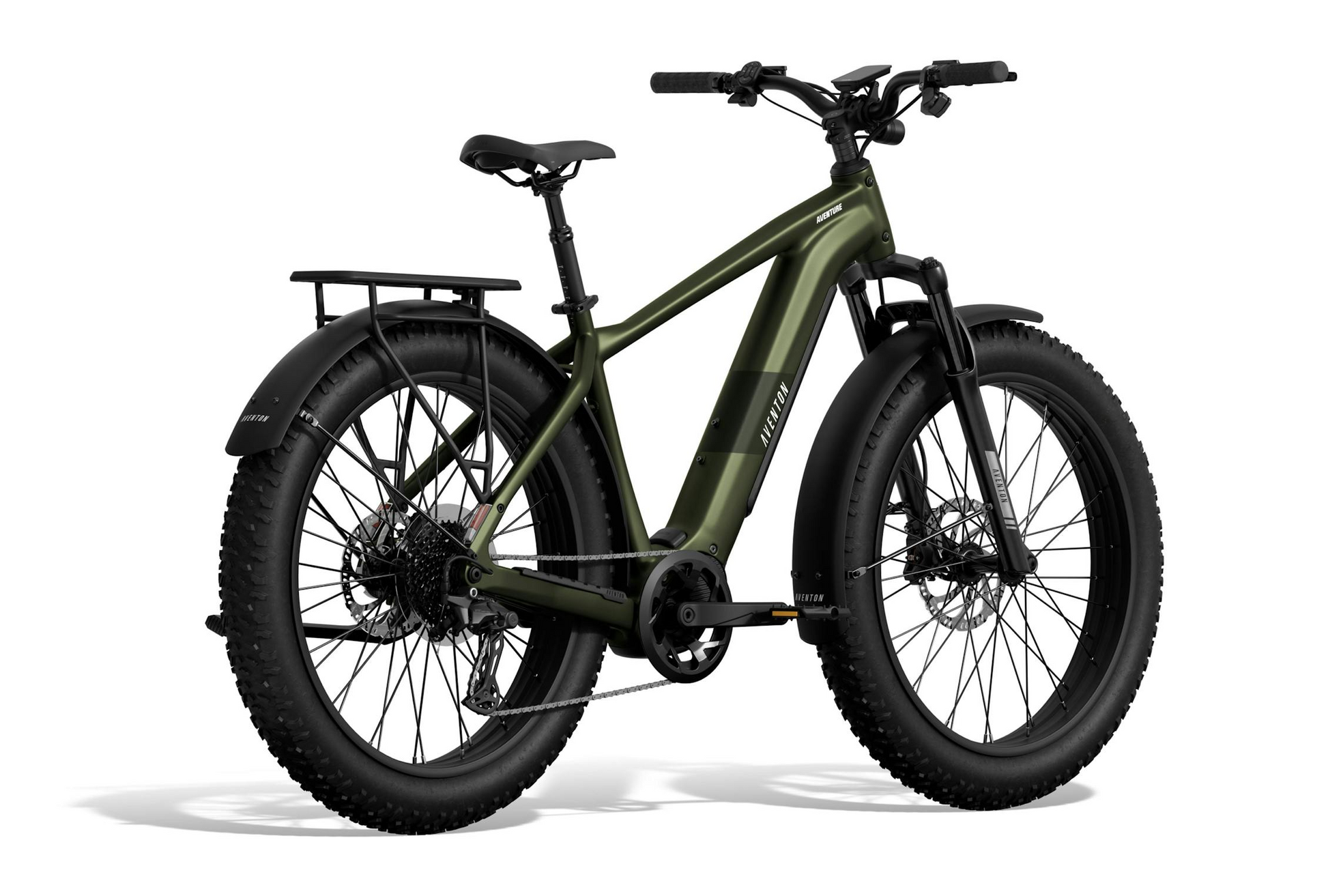 The Tampa Bay eBikes Aventon Aventure M is a matte green mid-drive fat tire eBike with 100Nm torque, disc brakes, rear rack, and front/rear fenders, shown angled against a white background.