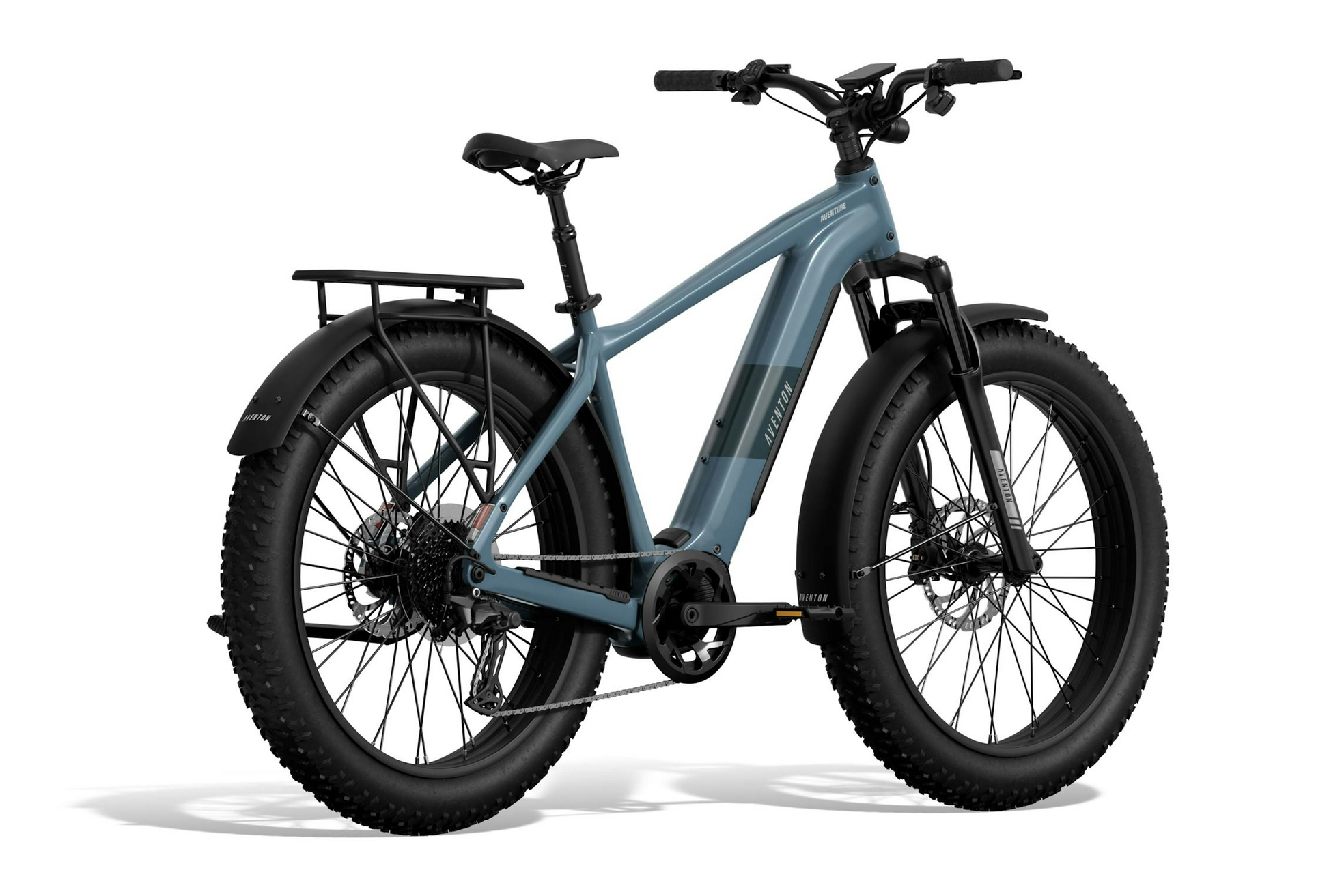 A Tampa Bay eBikes Aventon - Aventure M blue mid-drive fat tire eBike with black fenders, rear rack, and central battery is displayed at a three-quarter rear angle on a white background.