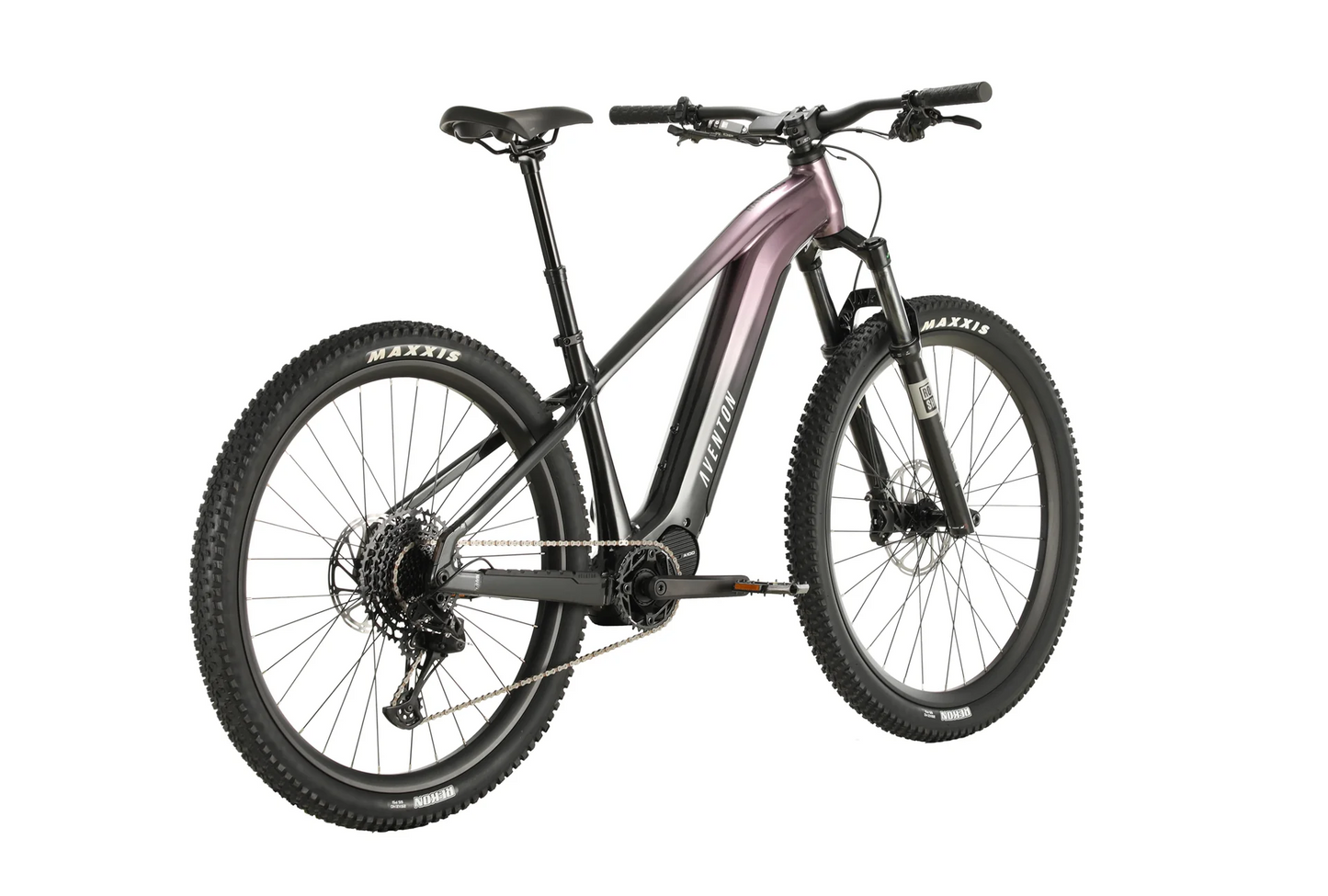 An Aventon Ramblas eMTB with thick tires, a sleek black and pink frame, and a visible gear system against a white background.