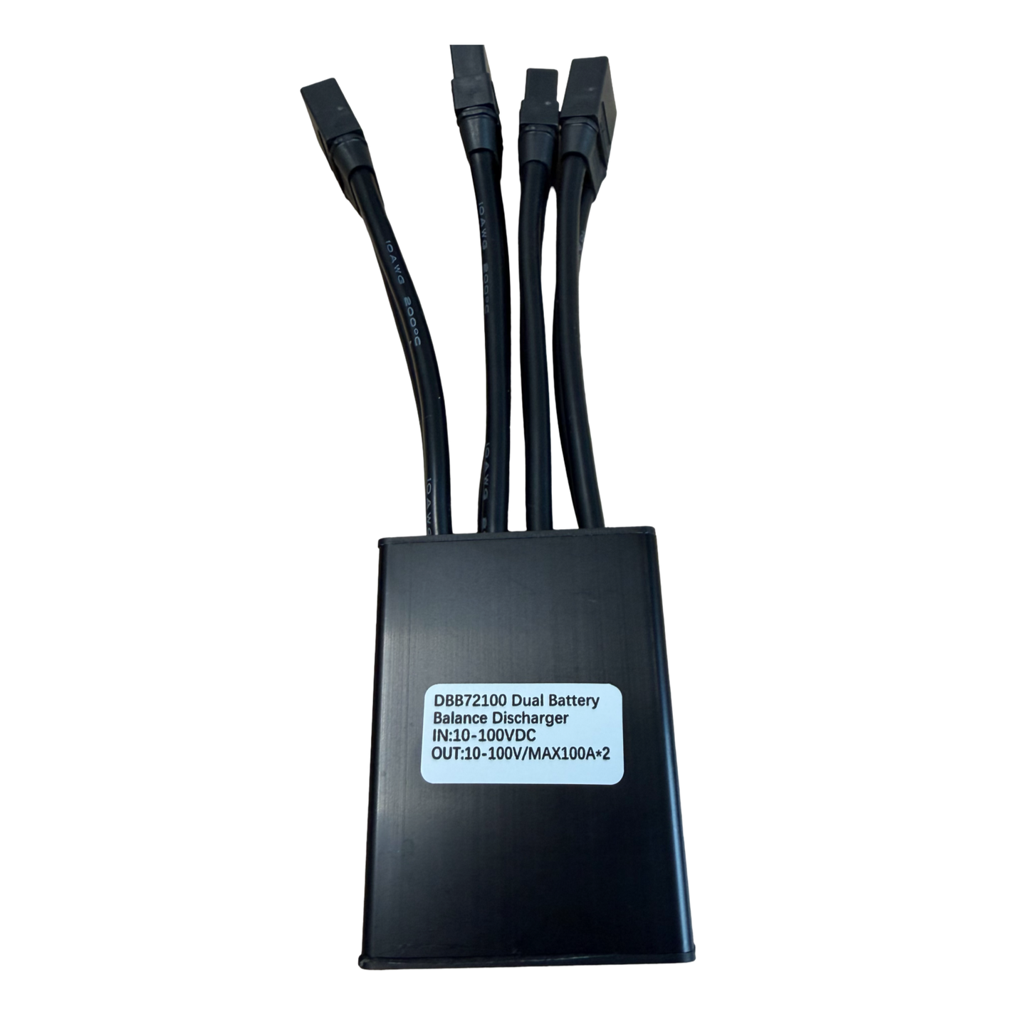 The ElectricAllWheel Dual Output Dual Battery Discharge Balancer DBB72100 (10-100V, 100A×2 MAX) is a rectangular black device for e-bike batteries and high-power controllers, featuring four cables and a white product label.