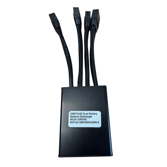 The ElectricAllWheel Dual Output Dual Battery Discharge Balancer DBB72100 (10-100V, 100A×2 MAX) is a rectangular black device for e-bike batteries and high-power controllers, featuring four cables and a white product label.