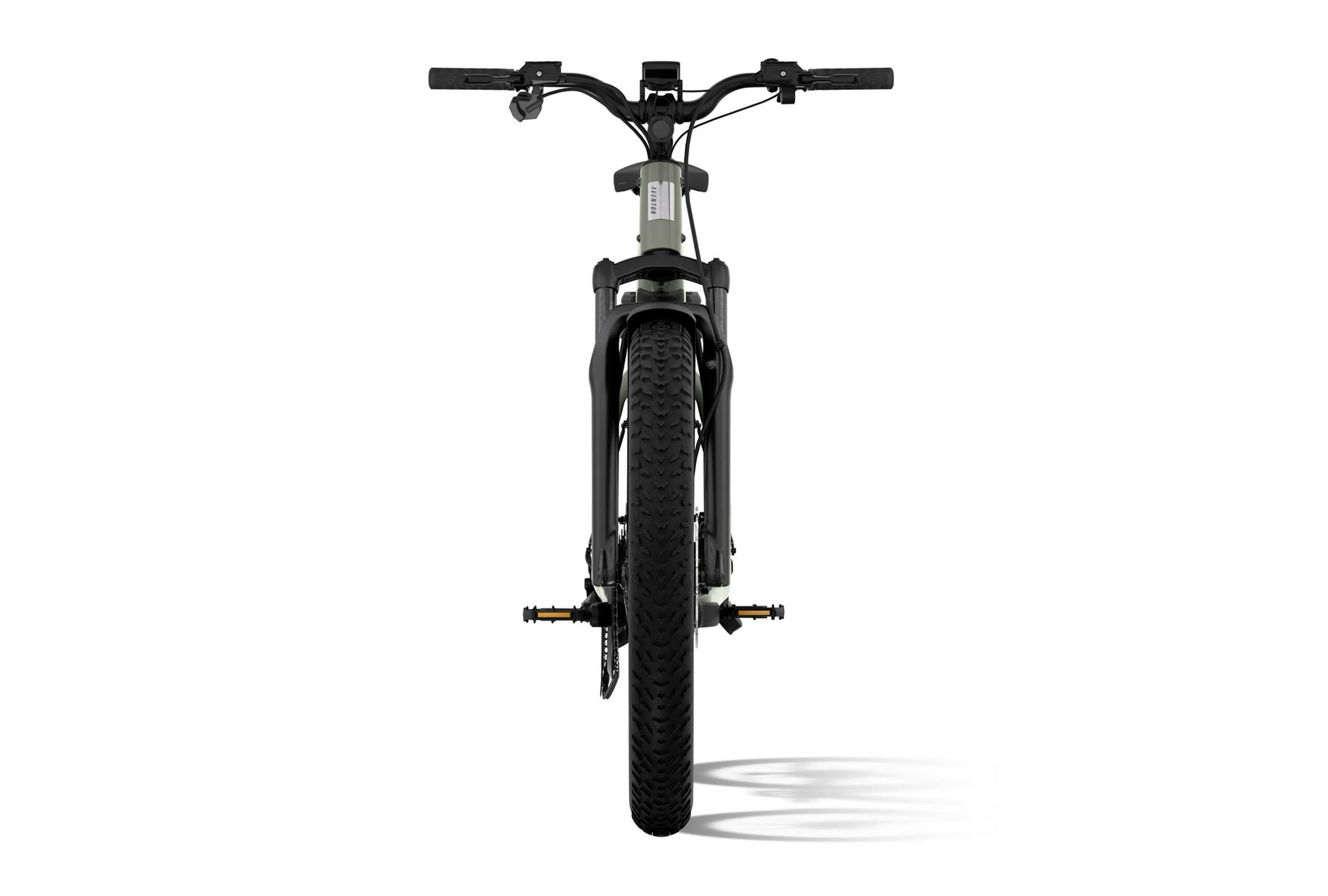 Front view of the Tampa Bay eBikes Aventon - Aventure M mid-drive fat tire eBike with wide tires, front wheel pegs on both sides, and straight handlebars shown against a plain white background.