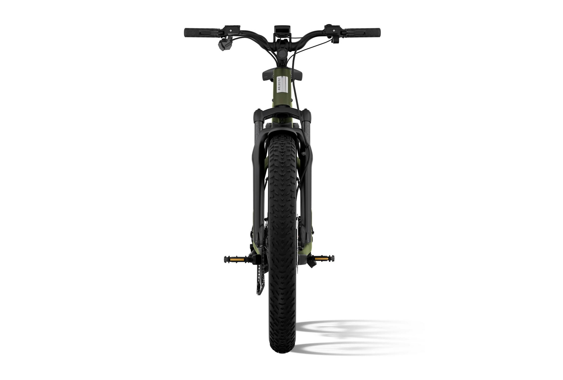 Front view of the Tampa Bay eBikes Aventon - Aventure M fat tire eBike with wide knobby tires, flat handlebars, and foot pegs, shown against a white background.