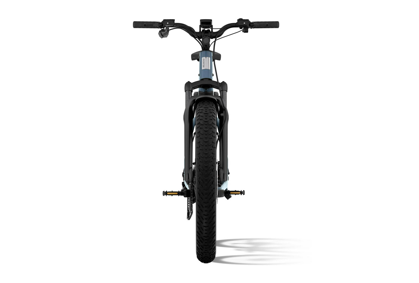 Front view of the Aventon - Aventure M by Tampa Bay eBikes, showcasing its thick fat tires, pedal pegs, and powerful high-torque performance against a white background.