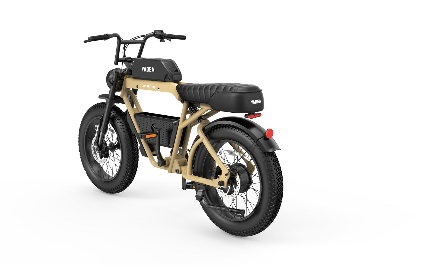 The Yadea - Trooper 01, a gold electric bike with fat tires and a high-power motor, is showcased on a crisp white background.