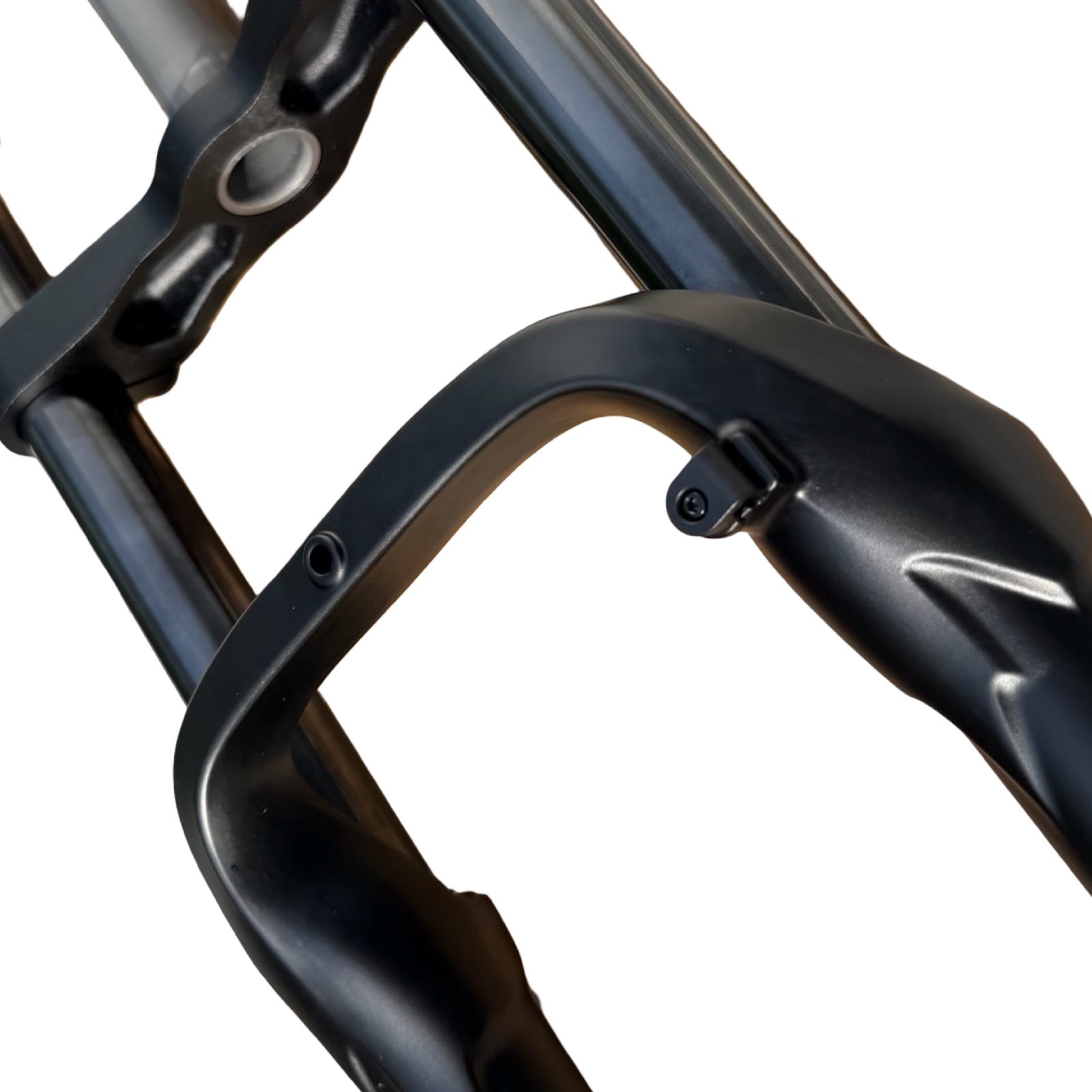 Close-up of the ElectricAllWheel RST Guide Dual Crown Fork (26” Fat Tire) and Motorcycle Style LED Headlight Kit (12V, 2-pin Julet), shown against a white background.